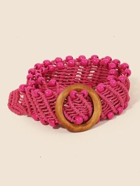 Pink Beaded Macrame Belt with Wooden Buckle